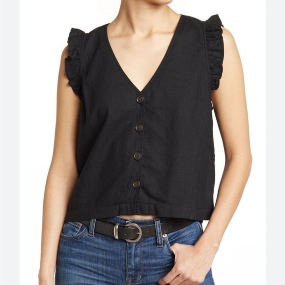 Madewell Black Linen-Blend Ruffle Sleeve Button-Front Top – Size 00